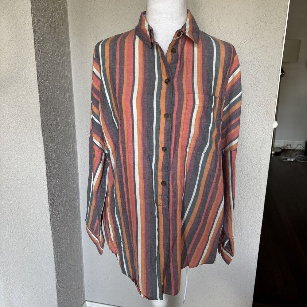 Urban Outfitters Womens White Gray Ora Striped Button Down Blouse Size Small